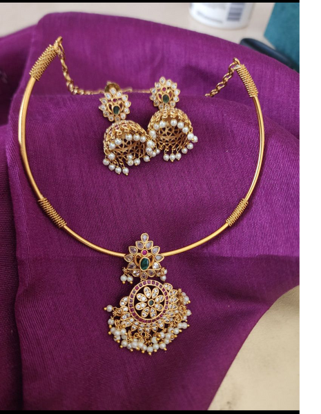 Gold-Plated Indian Choker Necklace and Earrings Set
