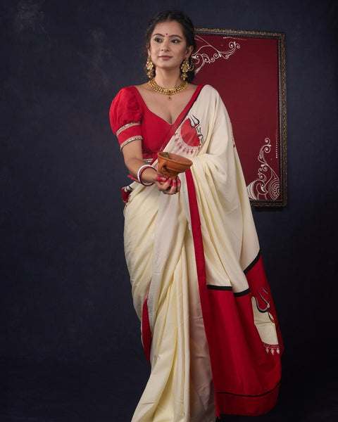 Hand-painted Durga-Ma Saree in Off-white Rayon & Red Combination