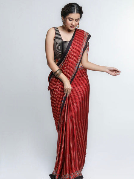 RED MODAL SILK SAREE WITH STRIPED PATTERN