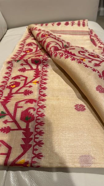 Red Handwoven Pure Tussar Silk Jamdani Saree