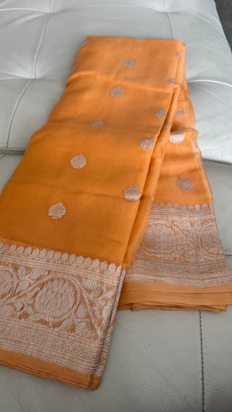 Peach Orangish and Silver Pure Handwoven Khaddi Banarasi Chiffon Georgette Saree