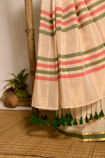 Off white handwoven mul cotton saree with green and zari border