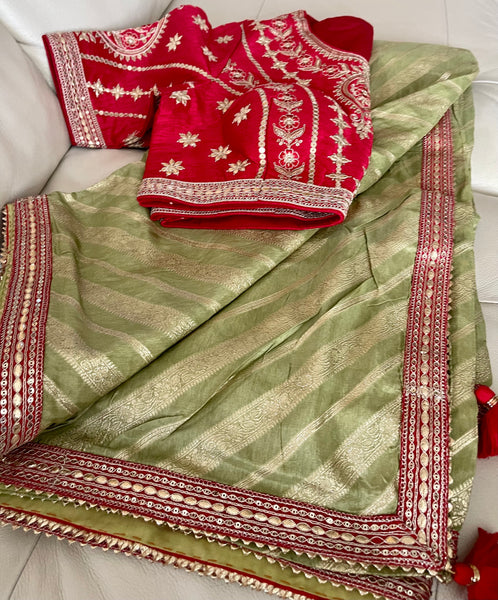 Mint Green Pistachio Muga Silk Saree with Red Readymade Blouse