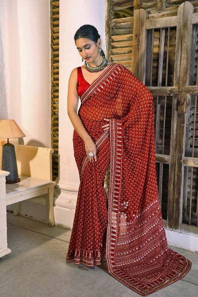 Bollywood Kareena Kapoor Coral Brick Red Chiffon Block Print