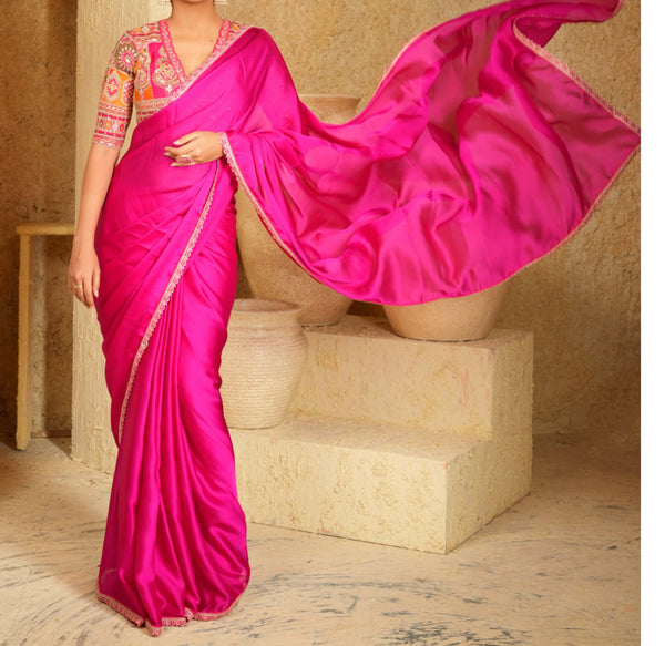 Fuchsia Pink Crepe Silk Saree with Zardosi Border