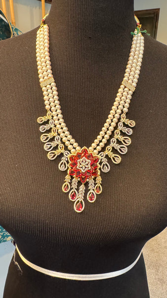 Natural Freshwater 3 Piece White Real Pearl Set with CZ 3D Flower Teardrop Design