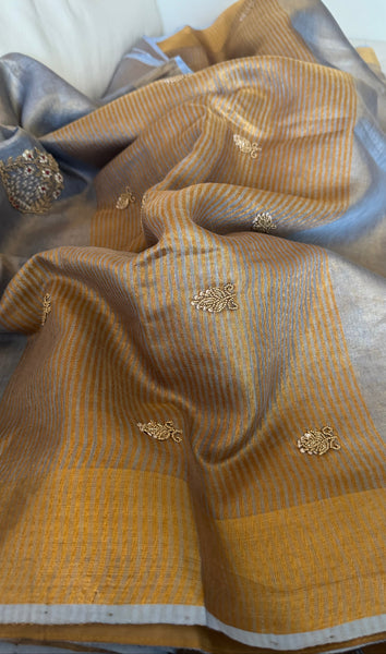 Dual Tone Grey Silver Gold Tone Tissue Linen Saree