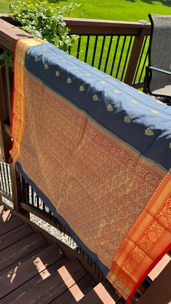 Midnight Navy Blue Grey Blended Silk Saree with Antique Gold Zari Border & Red Contrast Accents