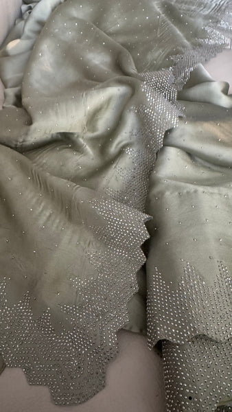 Sage Green Satin Stone Embellished Saree