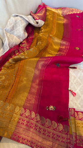 White Soft Silk Saree with French Knots and Kantha Stitch with Zari Border