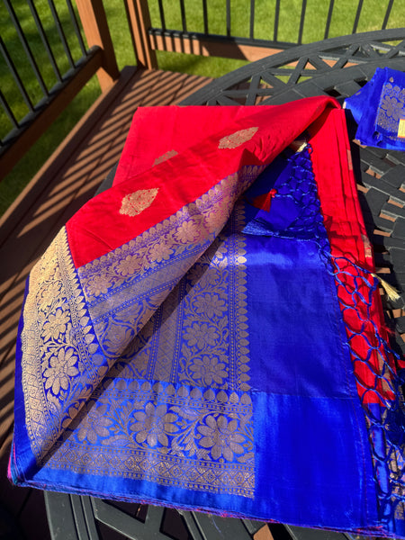 Tomato Red Soft Banarasi Pattu Katan Silk Saree with Zari weaves with Deep Navy Blue Border