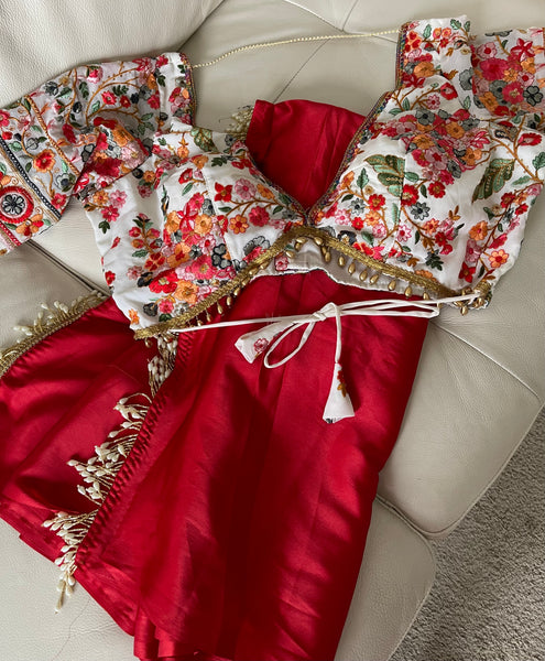 Crimson Rust Red Satin Silk Saree With Handmade Tassels On Pallu with White Readymade Blouse