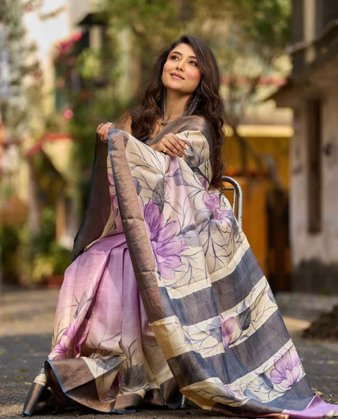 Dusty Lavender Tussar Silk Saree with Elegant Floral Print & Zari Border