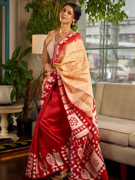 Red Pure Silk Saree with Tan Warli Art Print & Folk Motif Pallu