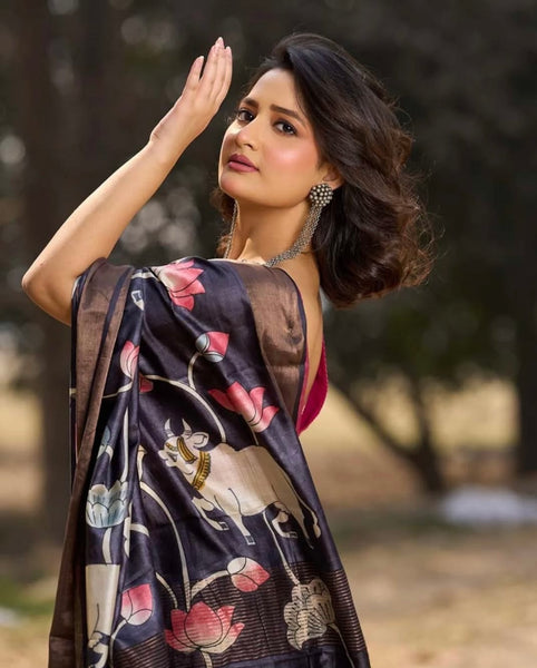 Midnight Black Tussar Silk Saree with Traditional Pichwai Print