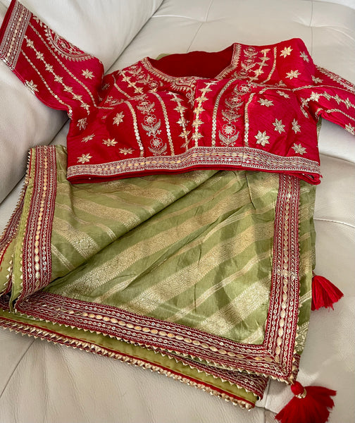 Mint Green Pistachio Muga Silk Saree with Red Readymade Blouse