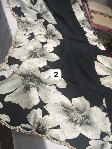 Black and Off White Crepe digital print with pearl and Katdana borders