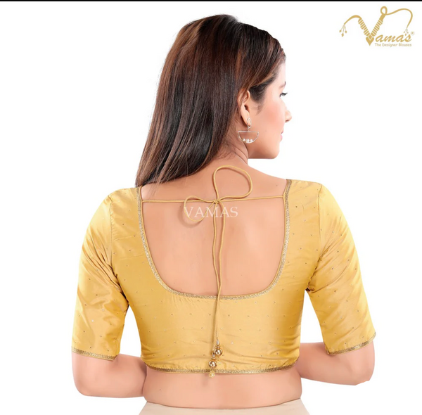 Gold Silk Padded Front Open Elbow Sleeves Readymade Blouse