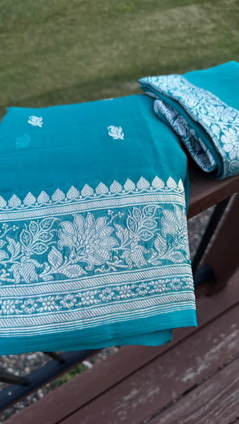 Teal Pure Handwoven Khaddi Banarasi Chiffon Georgette Saree