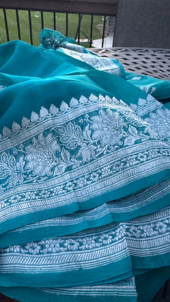 Teal Pure Handwoven Khaddi Banarasi Chiffon Georgette Saree