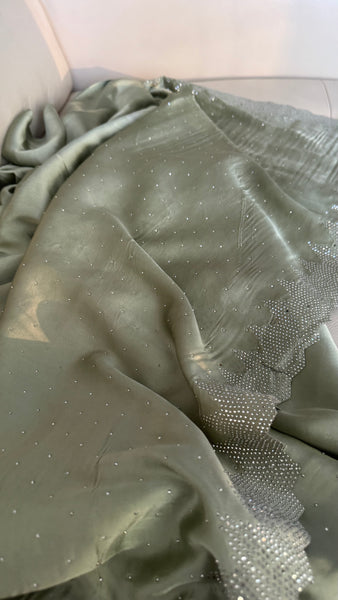 Sage Green Satin Stone Embellished Saree