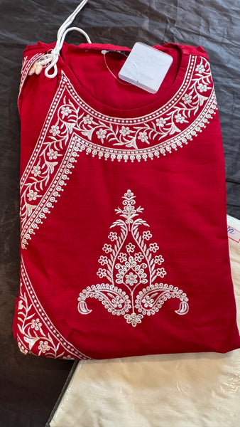 Red and White Pure Raw Silk Embroidered Bengali Punjabi