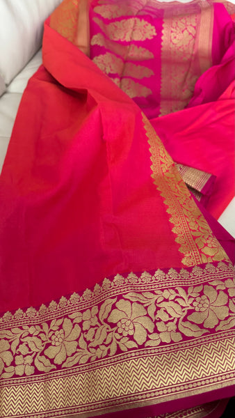 Iridescent Coral Pink Silk Saree