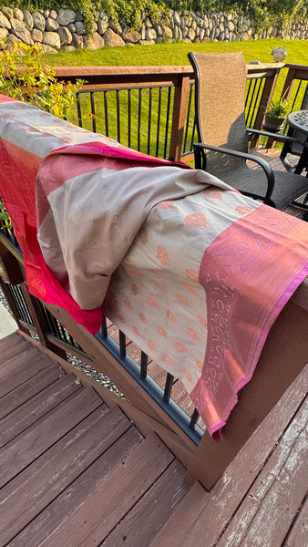 Biscuit and Pink Silk Banarasi Saree