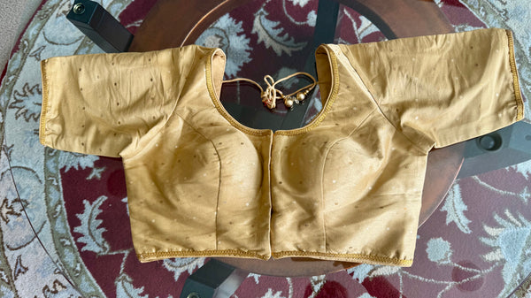 Gold Silk Padded Front Open Elbow Sleeves Readymade Blouse