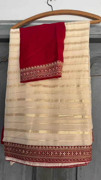 White and Red Georgette Chiffon Zardosi Saree