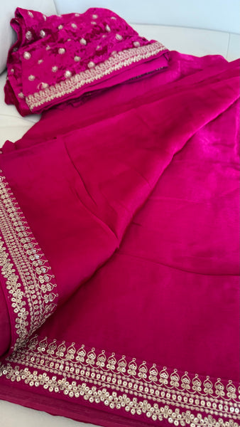 Fuchsia Pink Crepe Silk Saree with Zardosi Border