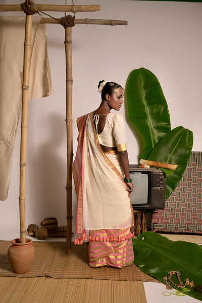 Cream White Cotton Saree with Pink and Golden Striped Border
