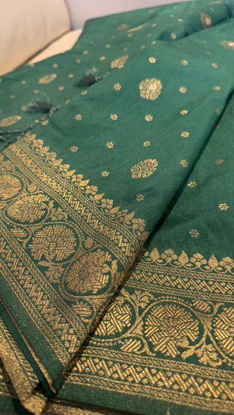Green and Gold Pure Tussar Crepe Silk Saree