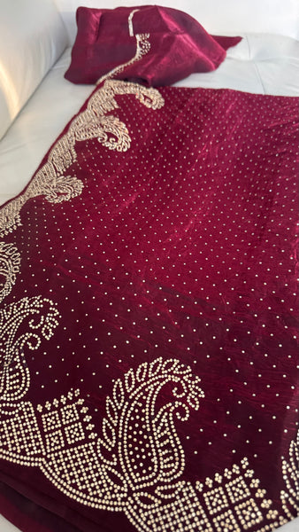Deep Maroon Silk Crepe All-Over Stone Embellished Saree