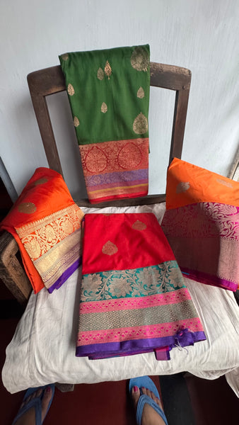 Pure Katan Silk Handloom Saree in Orange and Deep Purplish Blue
