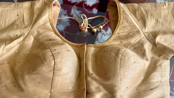 Gold Silk Padded Front Open Elbow Sleeves Readymade Blouse
