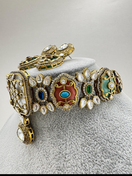 Multi Victorian Sabyasachi-inspired Moissanite polki Kundan choker Necklace Set