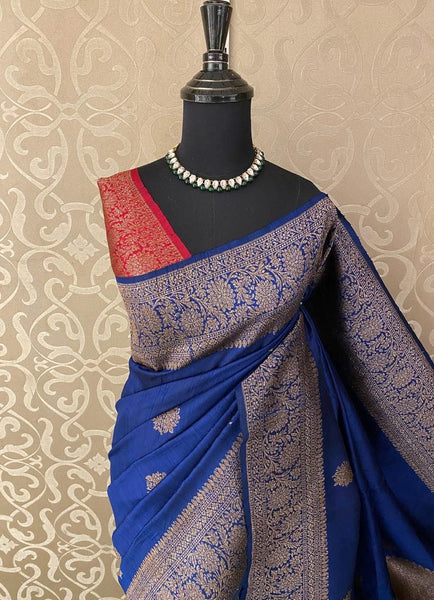Deep Blue Banarasi Tussar Silk Saree with Antique Zari!