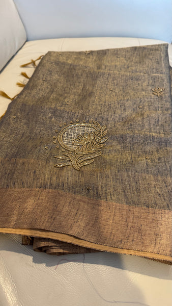 Dual Tone Grey Silver Gold Tone Tissue Linen Saree