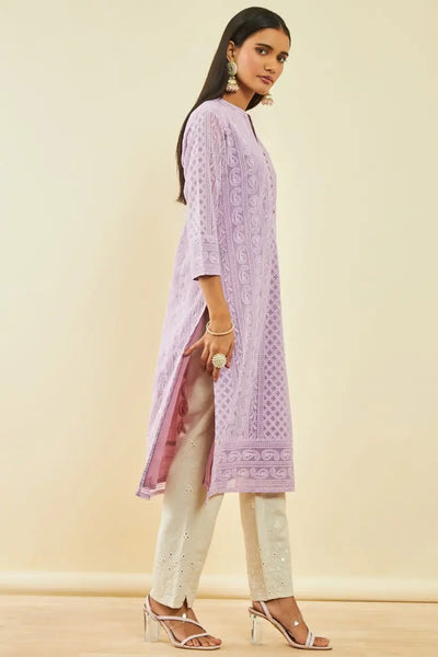 Purple Georgette Paisley Thread Embroidered Straight Kurta