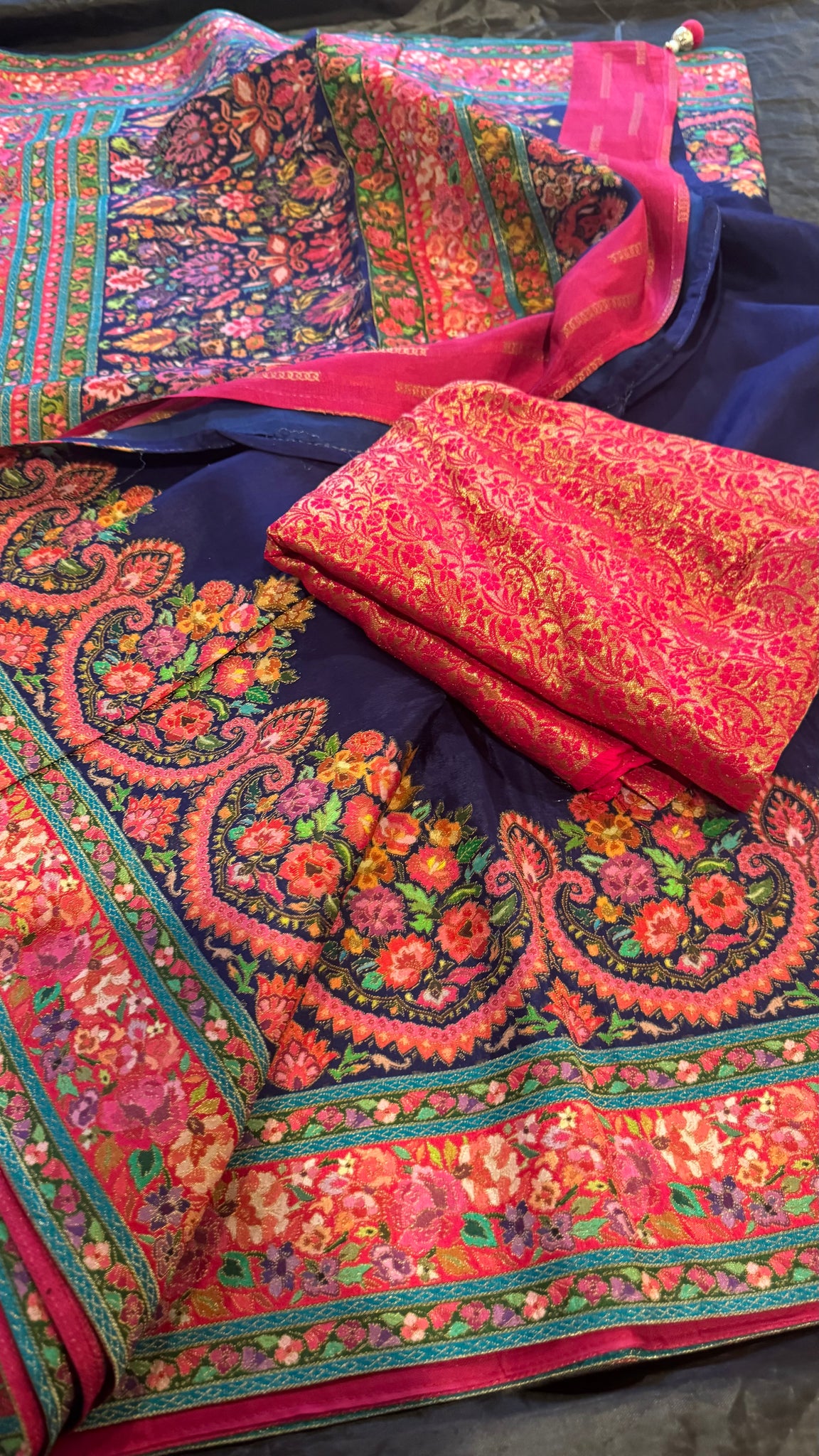 Navy Blue and Pink Kani Saree with Golden Zari