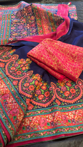 Navy Blue and Pink Kani Saree with Golden Zari