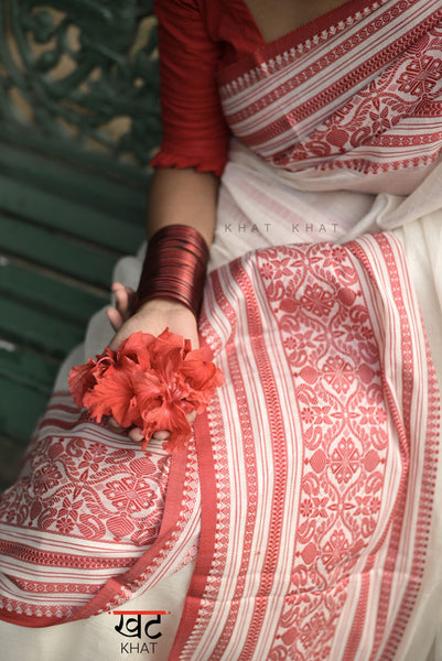White and Red Handloom Cotton Tussar Saree