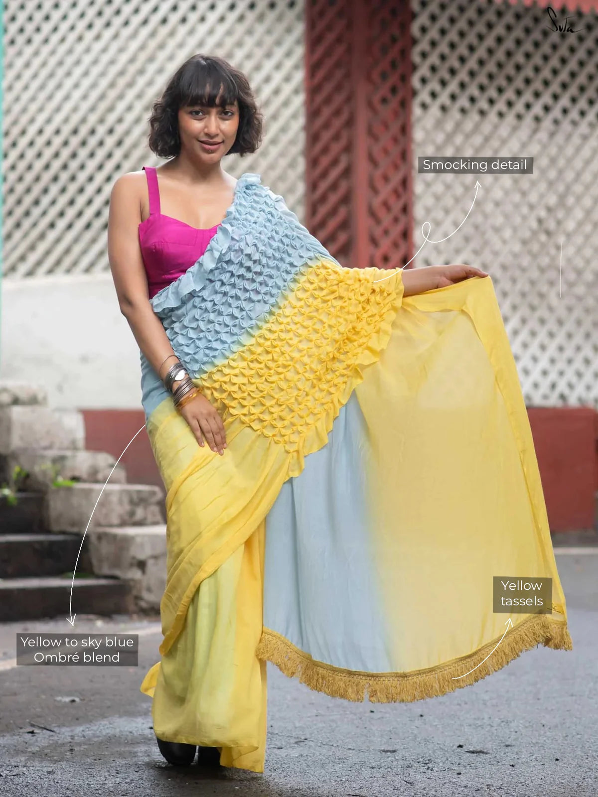 Grey and Yellow Mul Mul Cotton Saree with Hand Knots and Color Contrast