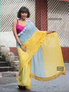 Grey and Yellow Mul Mul Cotton Saree with Hand Knots and Color Contrast