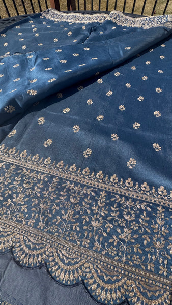Royal Blue and Gold Tussar Silk Saree with Zari Butta's