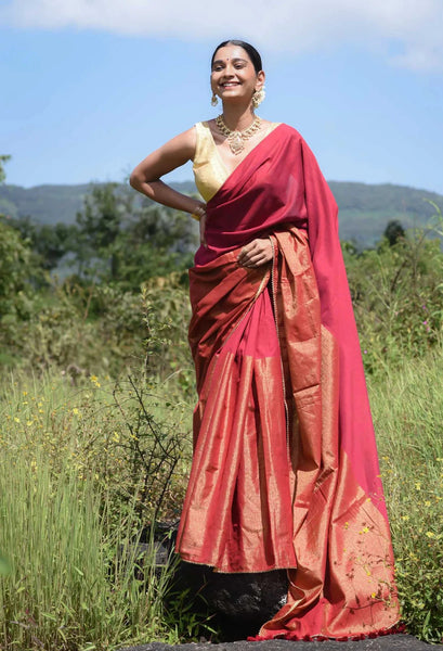 Maroon and gold half-and-half saree with Gota patti and Samosa lace