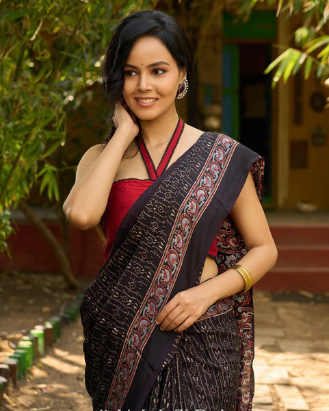 MIDNIGHT ELEGANCE : BLACK AJRAKH HAND BLOCK PRINTED PURE MODAL SILK SAREE