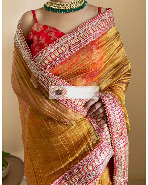 Gold Zari Tissue Saree with Red Border