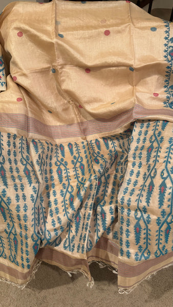 Teal Handwoven Pure Tussar Silk Jamdani Saree